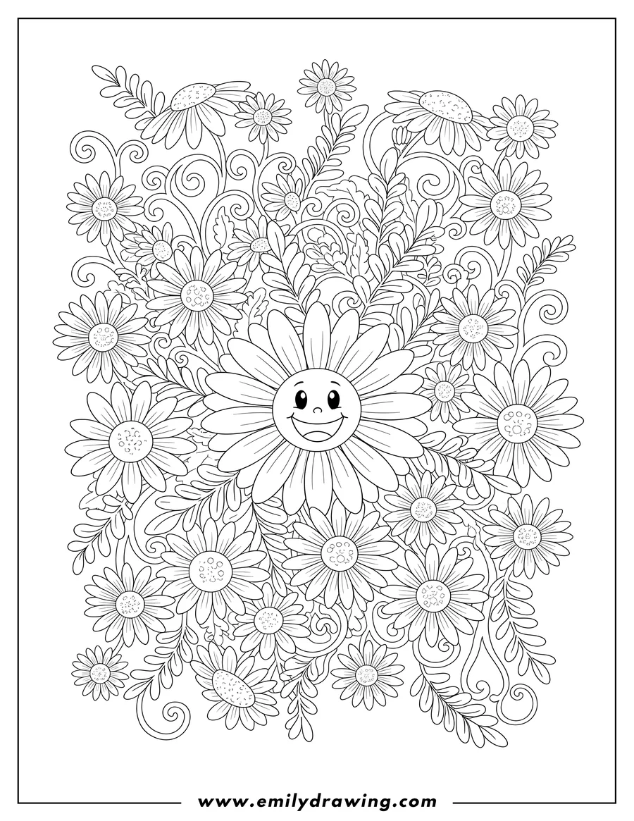 Full page coloring image of layered Field Daisies Decorative Pattern with leafy branches, varying daisy sizes, and a smiling face on the central daisy
