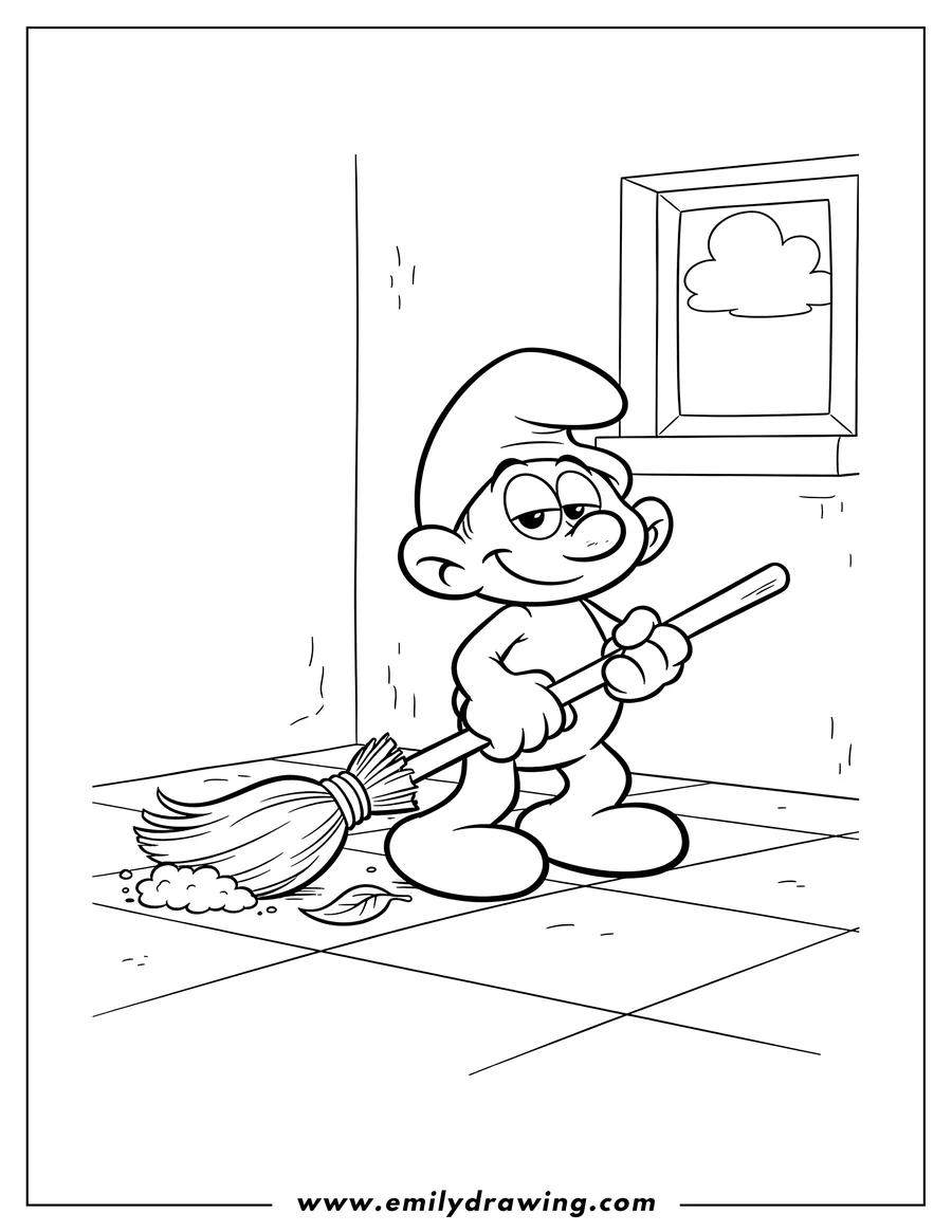 Black and white line art of lazy Smurf sweeping the floor with a broom, smiling