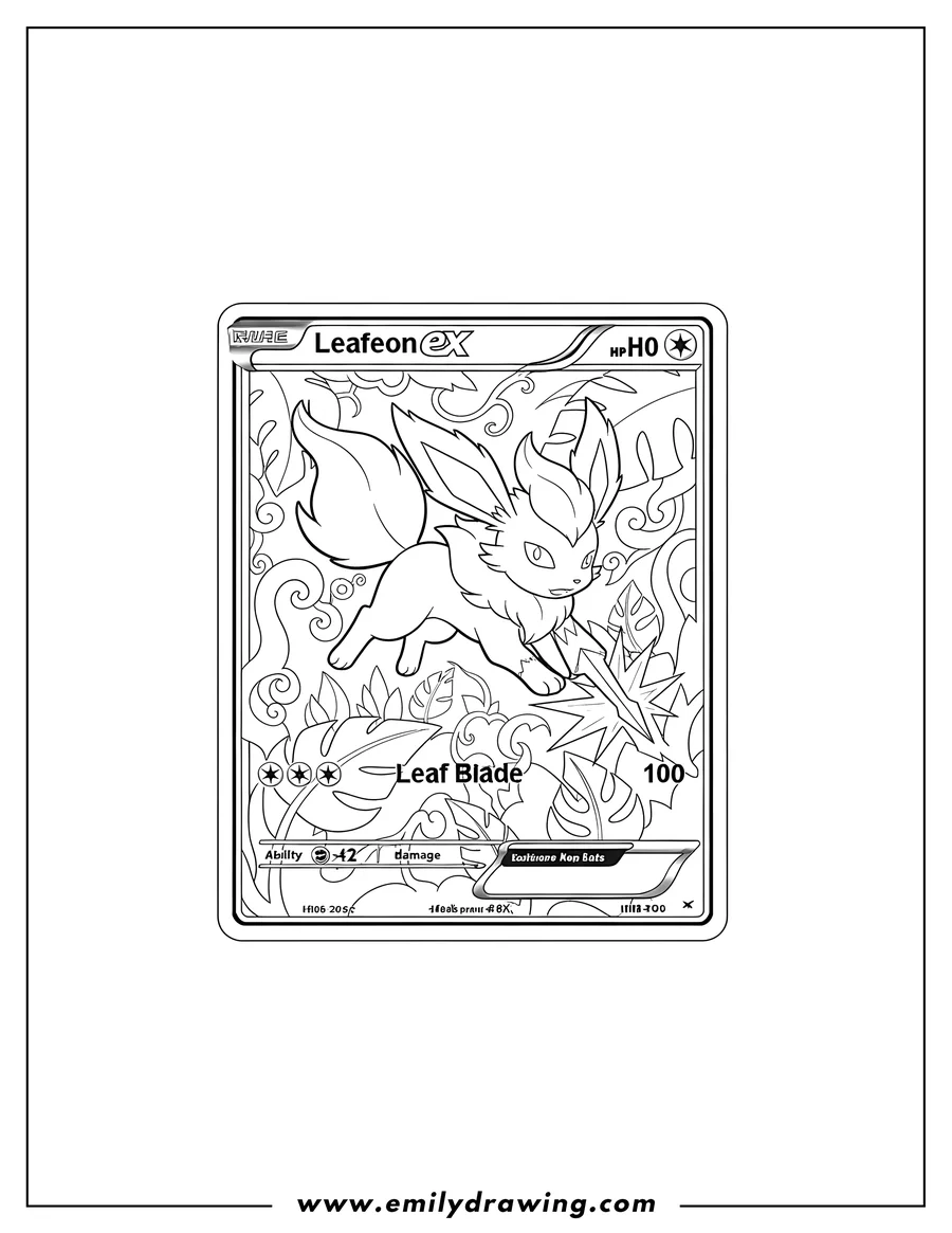 Clean line drawing: leafeon EX Leaf Blade Pokémon card with Leafeon in an action pose
