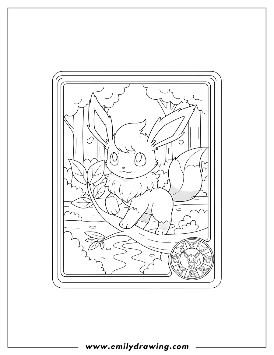 Linear illustration of A coloring page outline of a Leafeon Pokemon card, showing Leafeon standing and an Eevee evolution icon