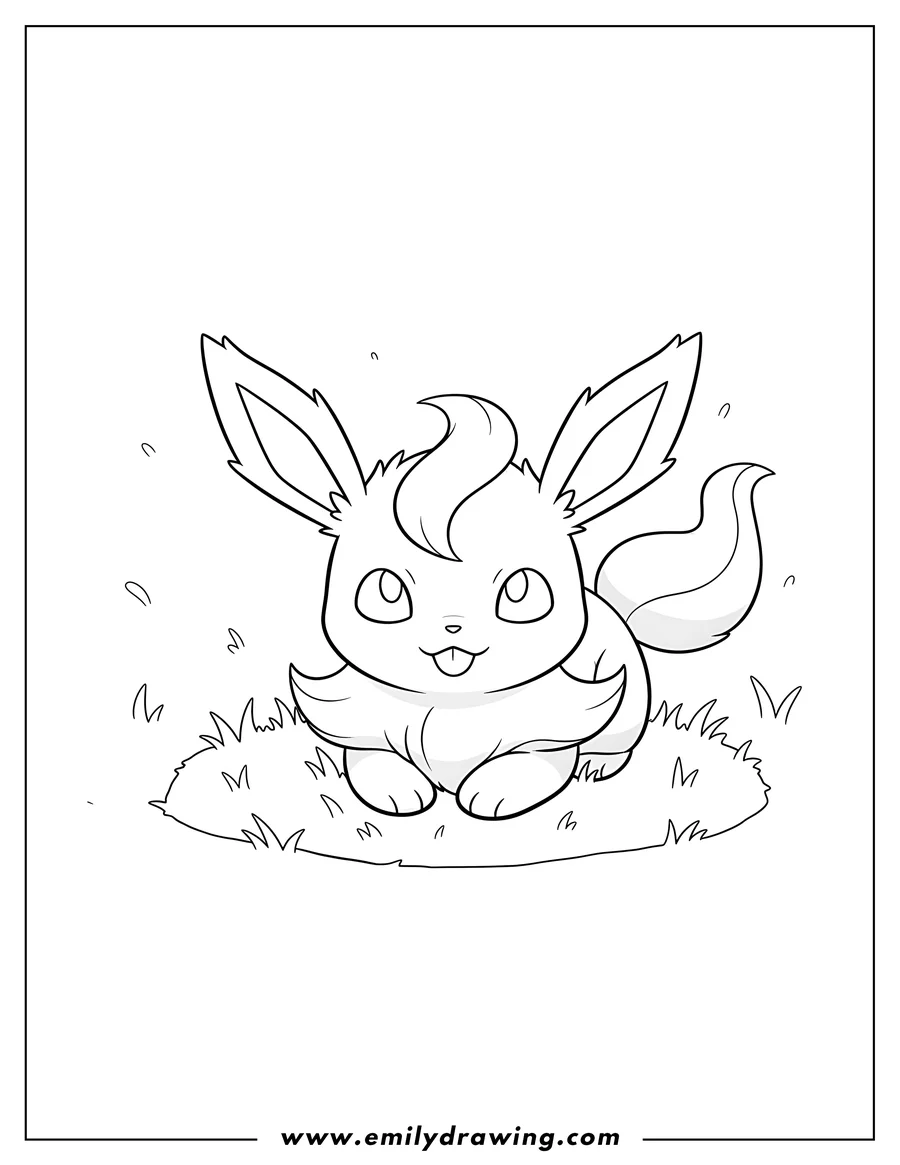 PDF style coloring page: leafeon resting on grass, looking forward with its tongue slightly out