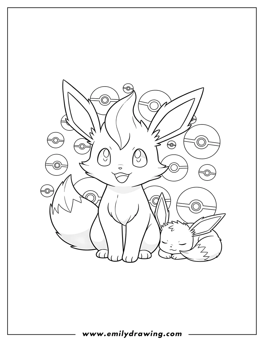 Downloadable coloring page of leafeon sitting happily with a baby Eevee lying down, with Pokeballs background