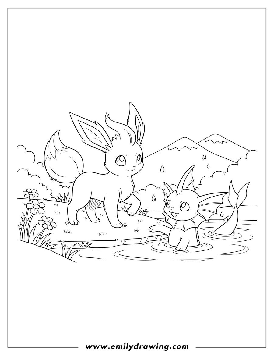 Simple sketch of leafeon standing on a bank, looking at Vaporeon in water with a paw on the bank to color