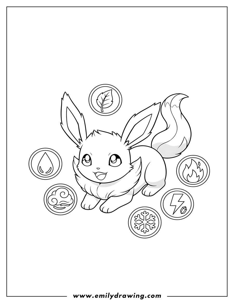 Outline drawing of leafeon lying down and smiling, surrounded by elemental symbols in circles