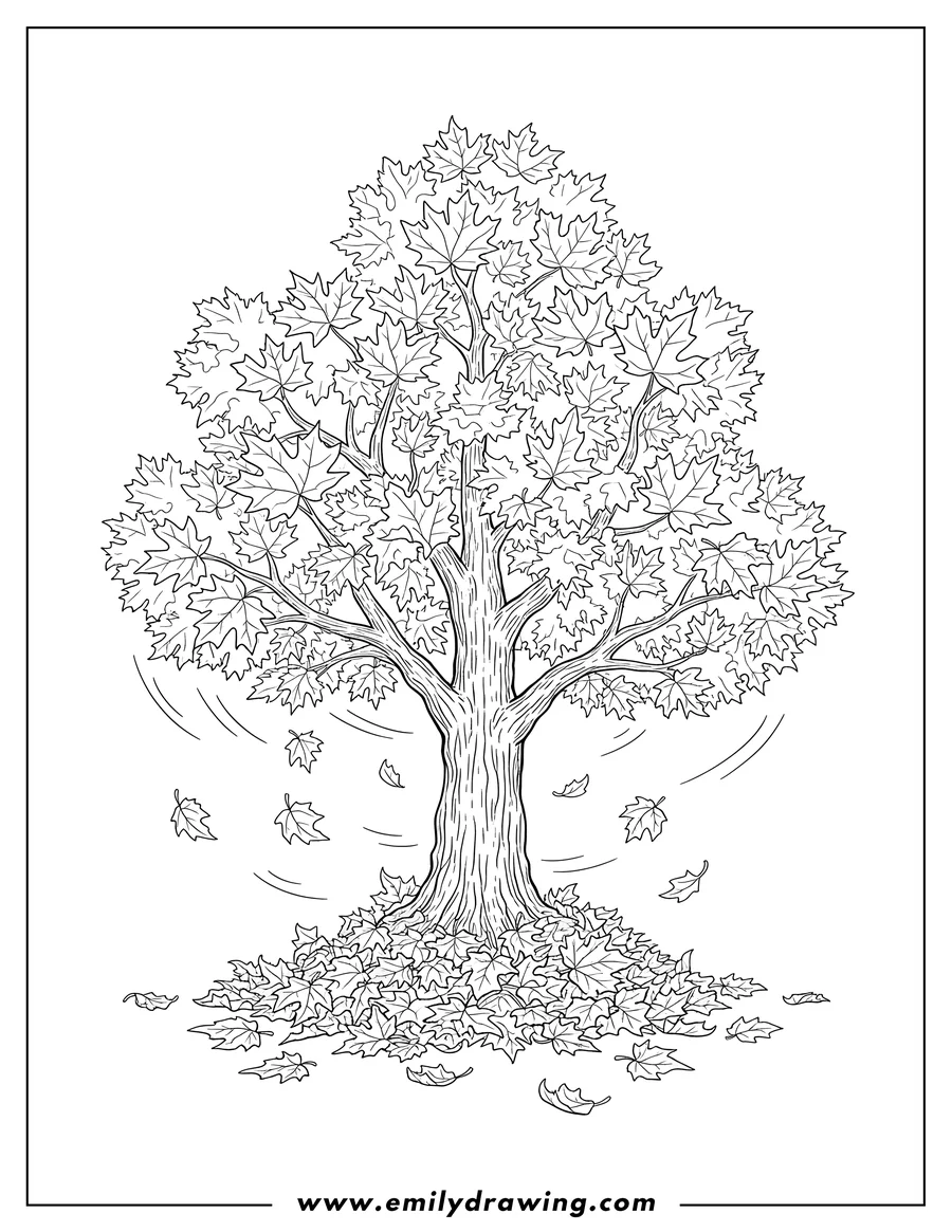 Outline drawing of leaves Falling Off a Big Maple Tree During Fall, with leaves scattered at its base