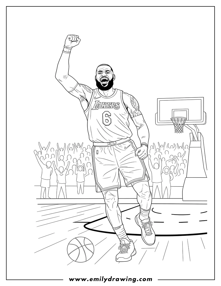Coloring sheet featuring lebron James celebrating for the Lakers, wearing number 6 jersey and shouting with mouth open