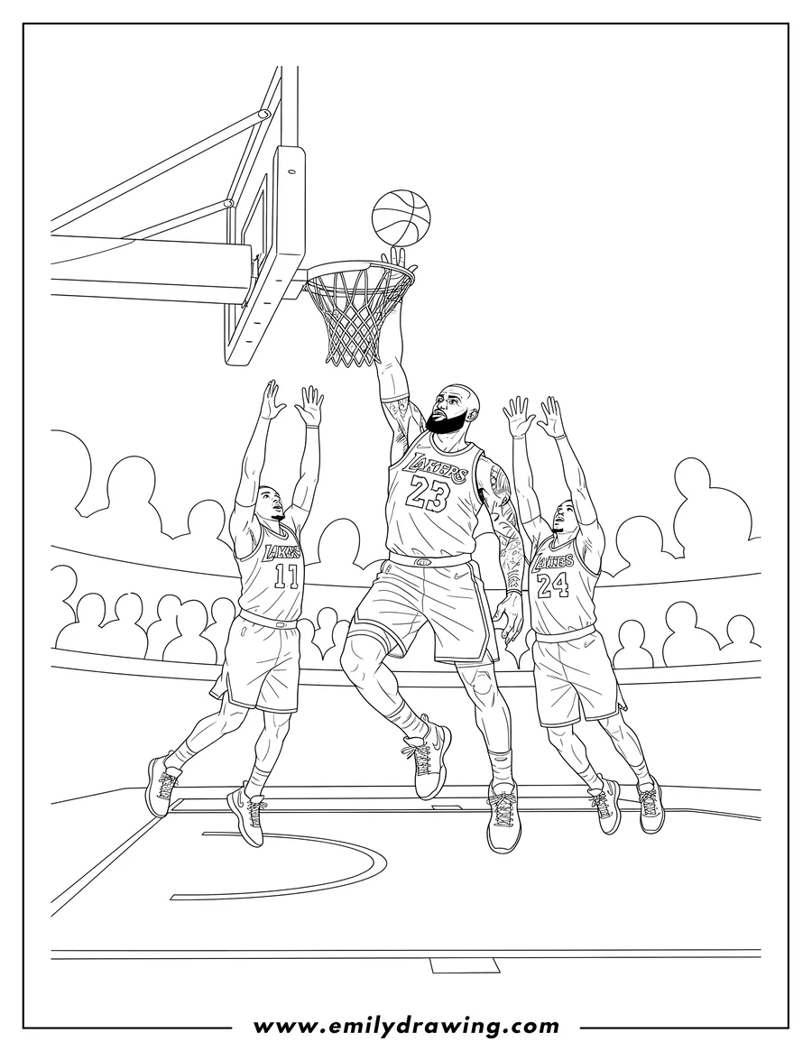 Free to print drawing of lebron James dunking, with two defenders reaching to block him