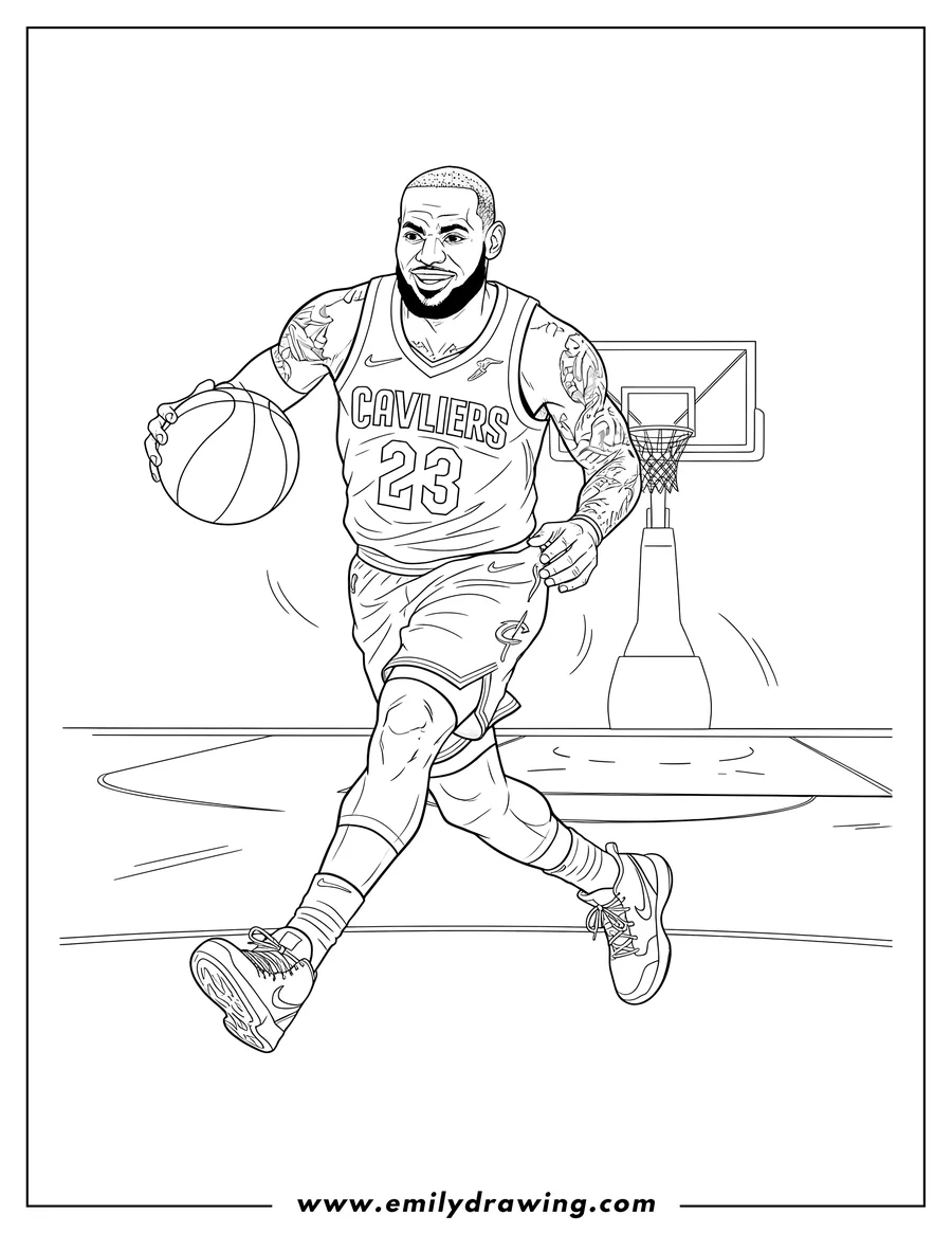 Black and white line art of lebron James in a Cleveland Cavaliers number 23 jersey, running and dribbling a basketball