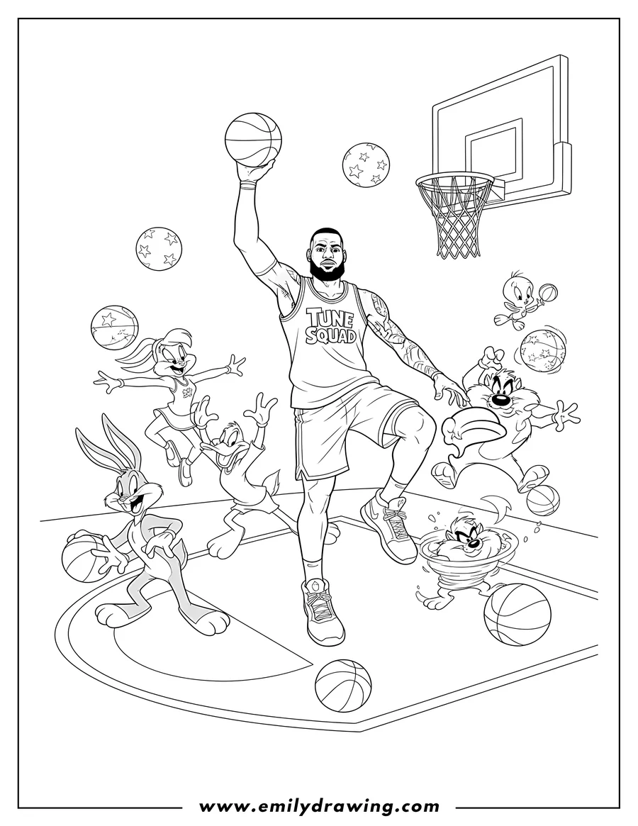 Clean line drawing: lebron James in Tune Squad jersey holding a basketball with Looney Tunes characters and basketballs, Space Jam coloring page