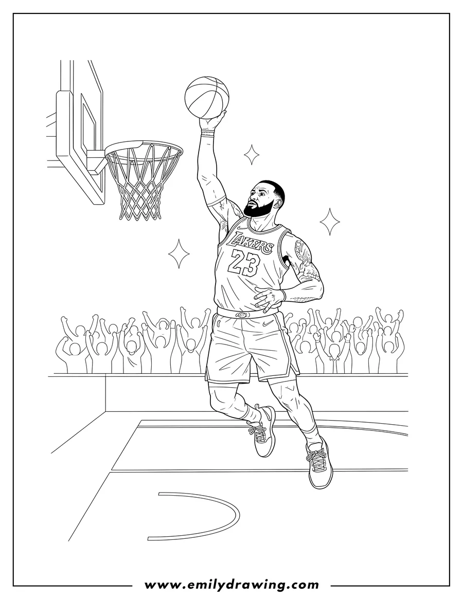 PDF style coloring page: lebron James La Lakers jumping with a basketball