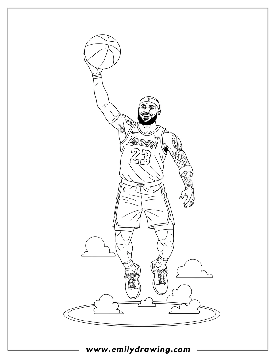 Linear illustration of lebron James Leaping Through Air Scaled, holding a basketball, wearing a Lakers 23 jersey