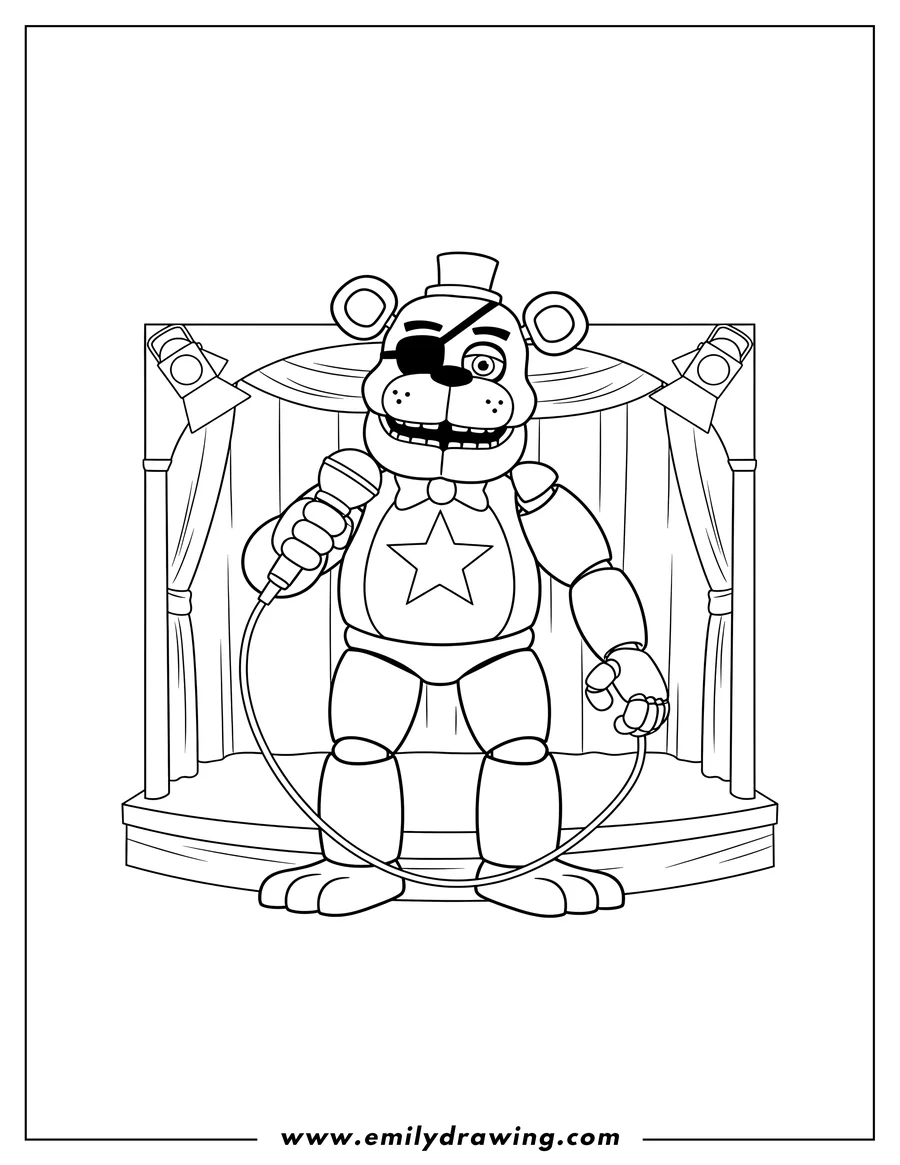 Simple sketch of lefty from Five Nights at Freddy's holding a microphone on stage, with a star on its chest to color