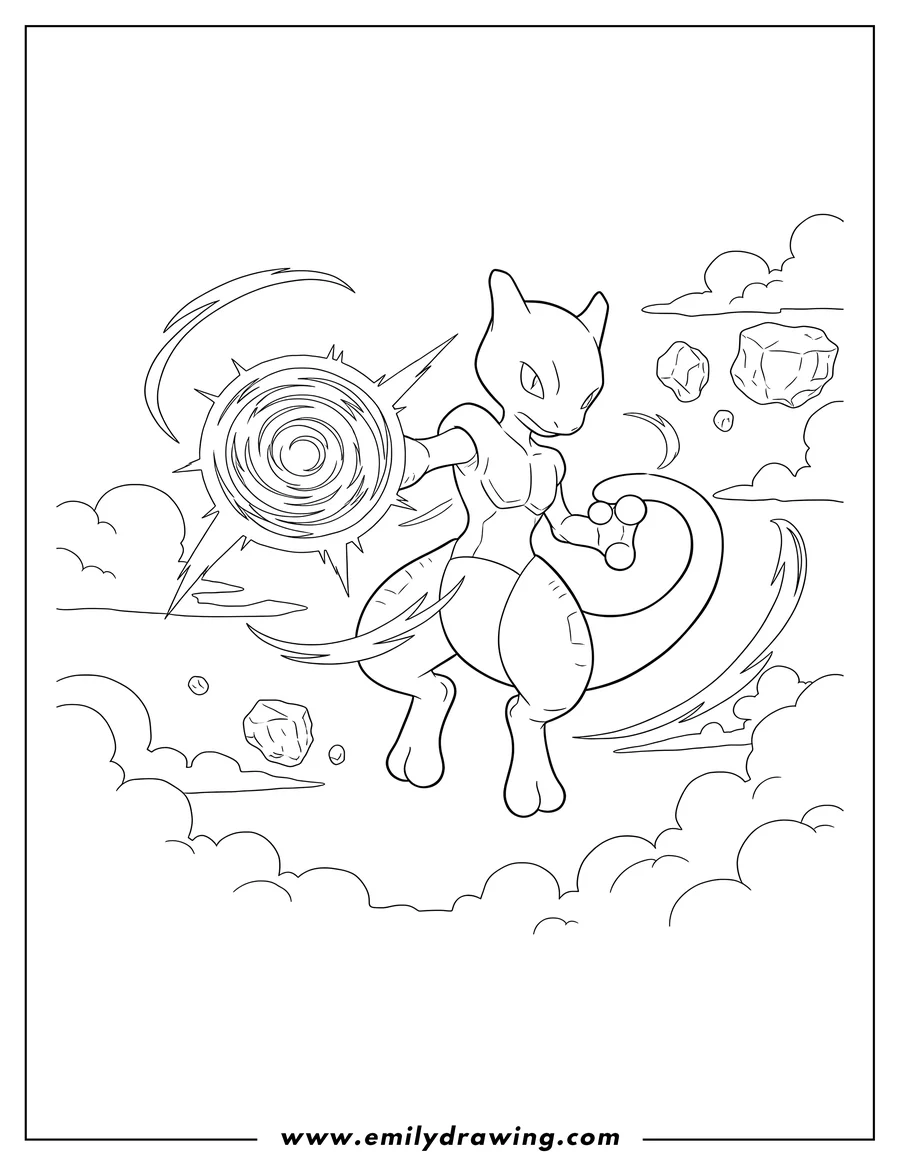 Coloring page of legendary Pokemon Mewtwo, airborne, holding an energy blast