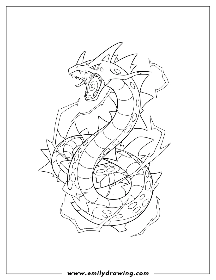 Printable line art of legendary Pokemon Ultimate Rayquaza coiled and roaring