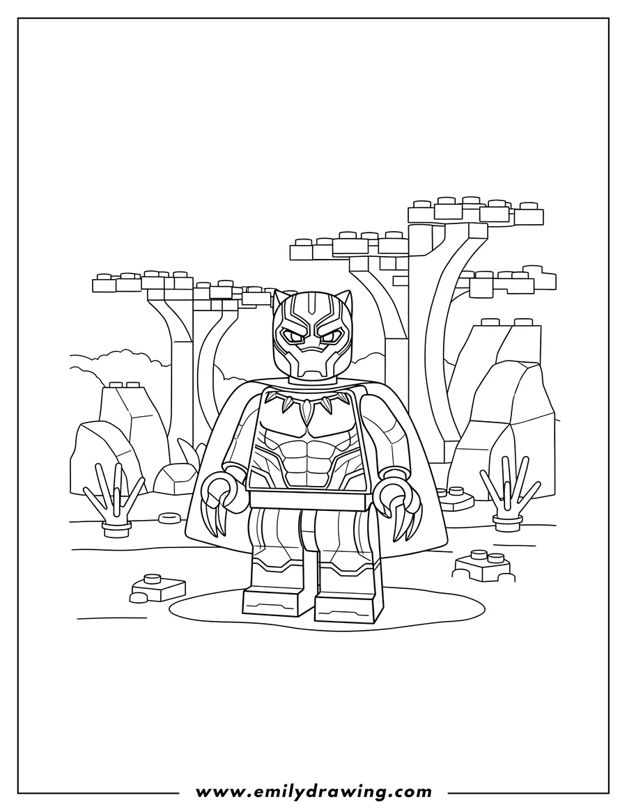 Coloring page for kids: lego Avengers Black Panther standing in a forest