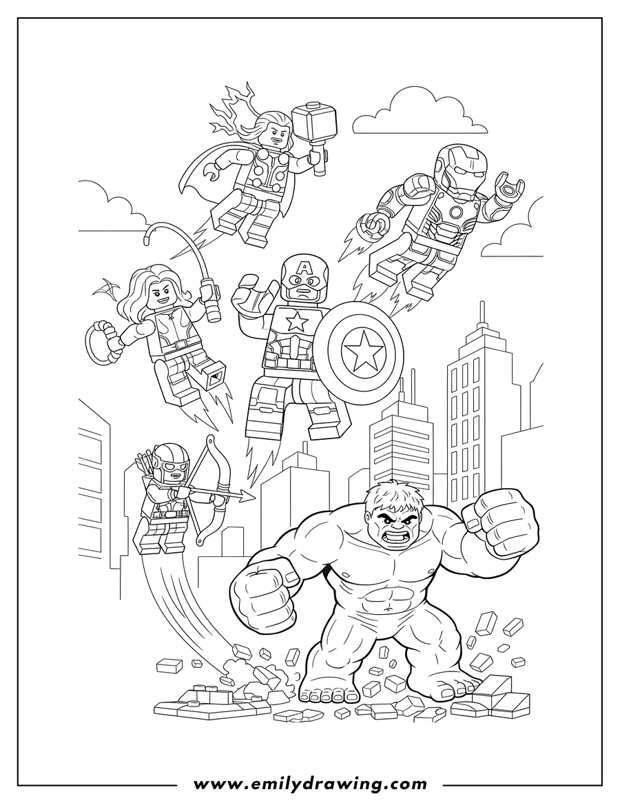 Printable line art of lego Avengers Captain America, Iron Man, Black Widow, Hawkeye, Thor flying, and Hulk battling