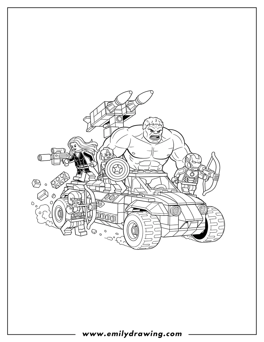 Linear illustration of lego Avengers heroes including Hulk, Black Widow holding a blaster, Captain America with his shield, Iron Man, and Hawkeye on a vehicle with a missile launcher
