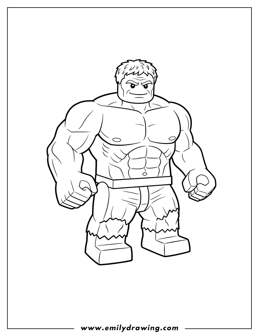 Free to print drawing of lego Avengers Hulk Smirking, standing shirtless with a muscular torso
