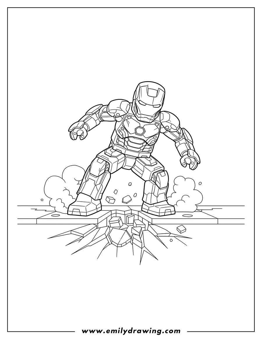 PDF style coloring page: lego Avengers Iron Man Landing On Pavement in a powerful crouching pose, with pavement cracking beneath him