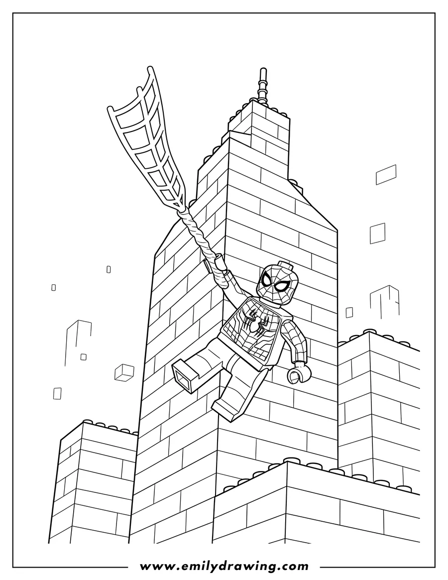 Downloadable coloring page of lego Avengers Spider Man Swinging From Building, holding a web line