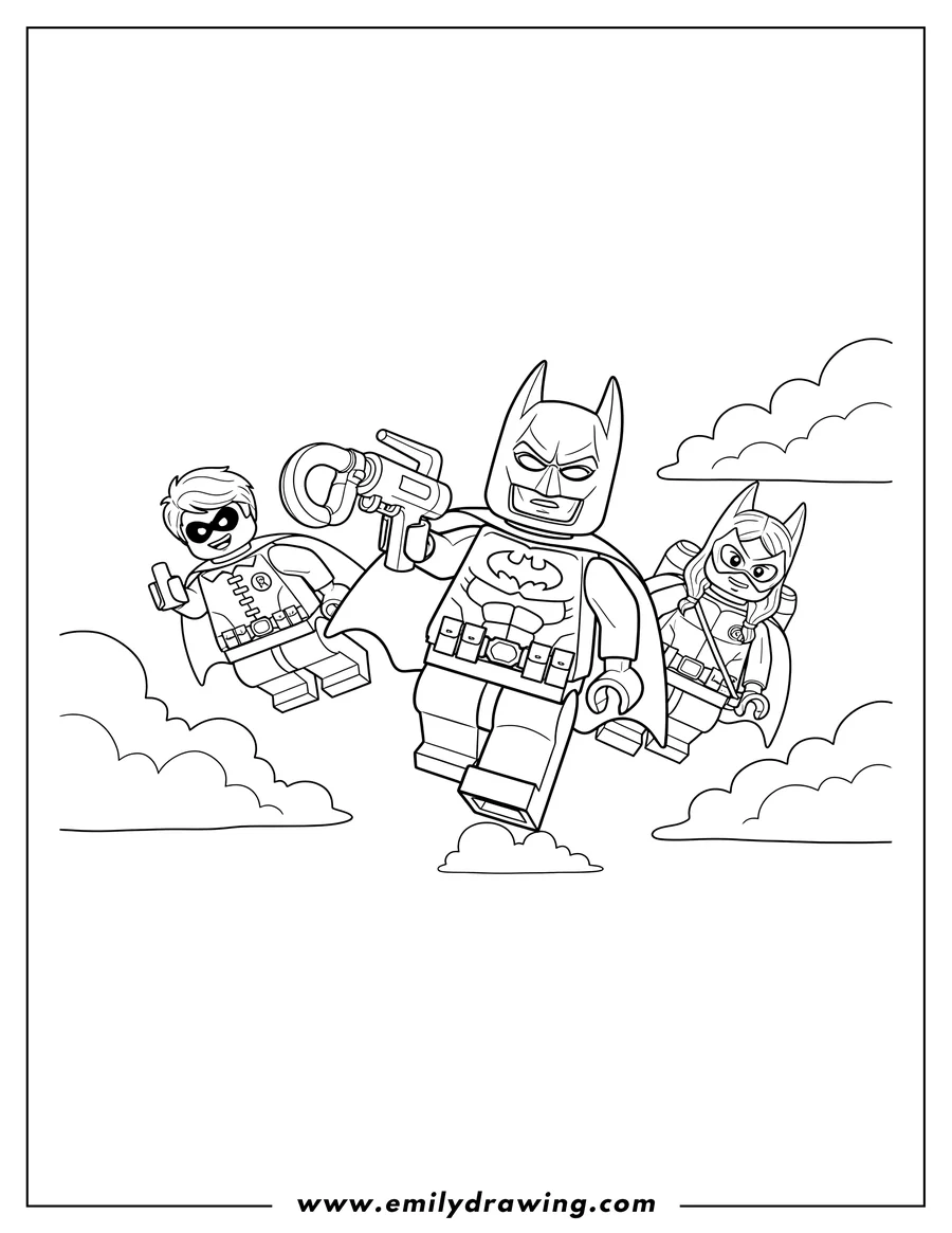 Linear illustration of lego Batman With Batgirl And Robin Scaled, flying with Robin giving a thumbs up