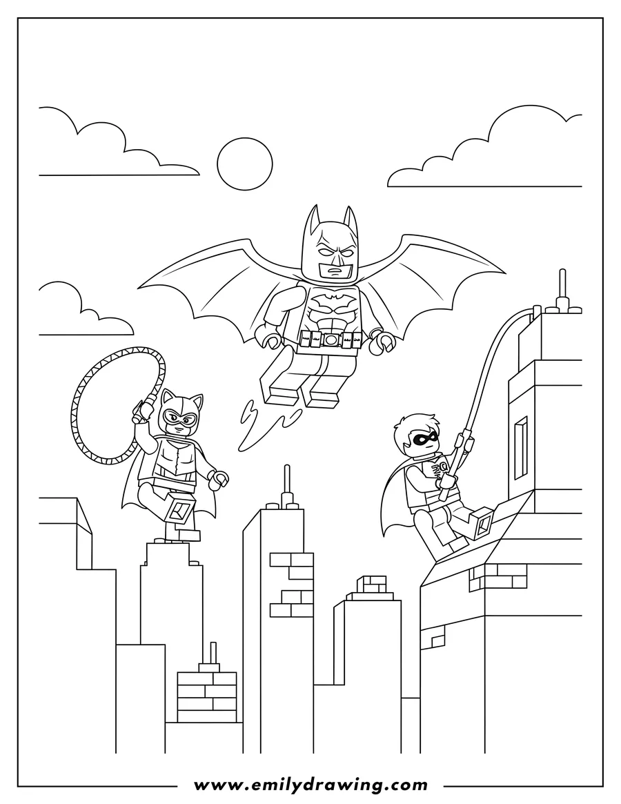 Linear illustration of lego Batman flying, Catwoman swinging, and Robin climbing