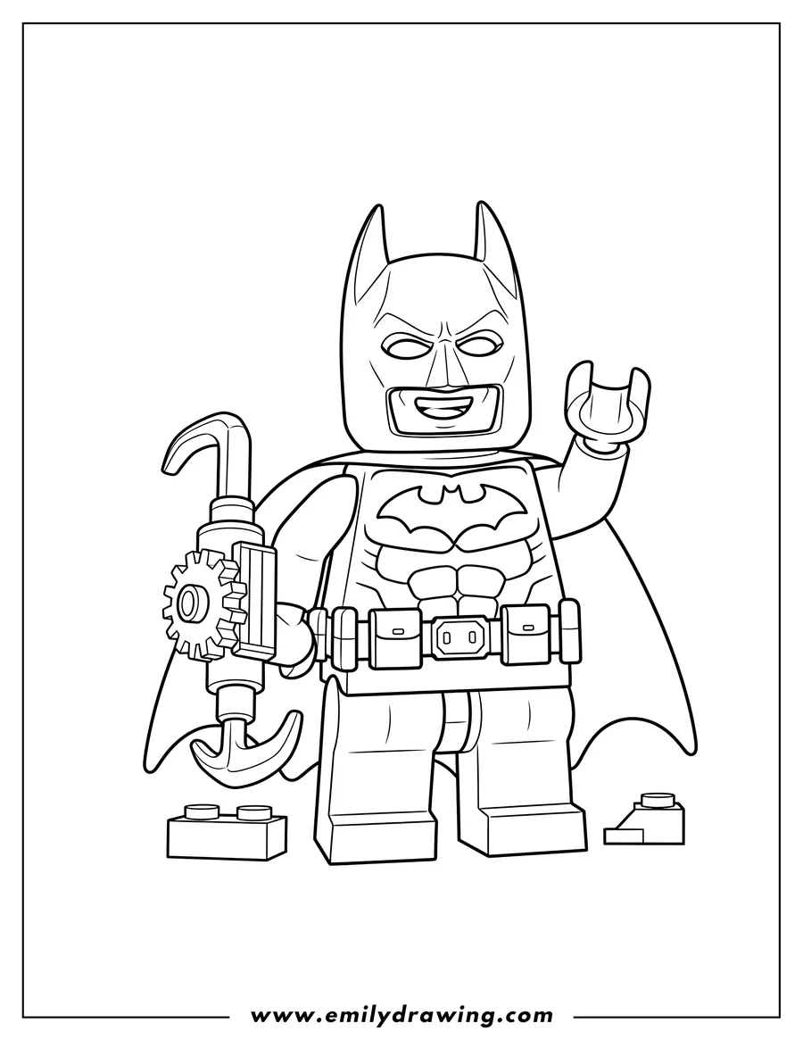 Coloring page for kids: lego Batman holding a gadget and smiling