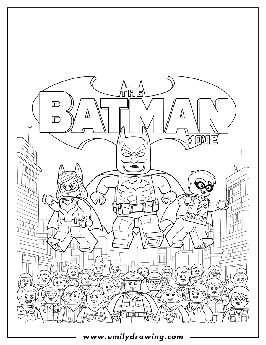 High quality printable lego Batman Movie Poster with Batman, Batgirl, Robin, and a crowd under the Batman logo for coloring