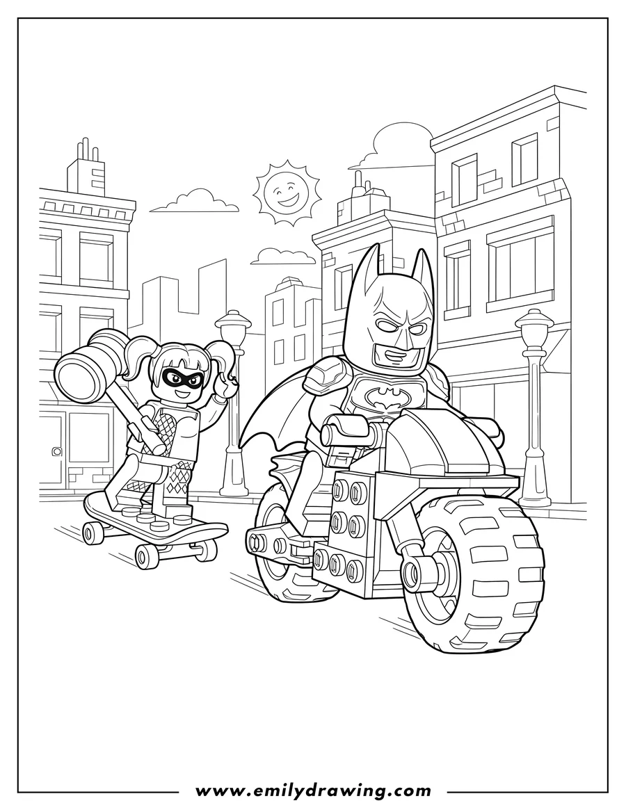 Clean line drawing: lego Batman riding a motorcycle and Harley Quinn skateboarding with a mallet