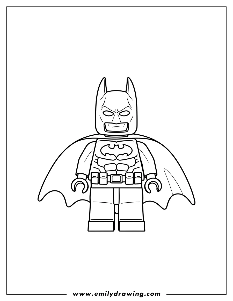Printable coloring page of lego Batman standing with cape and bat symbol