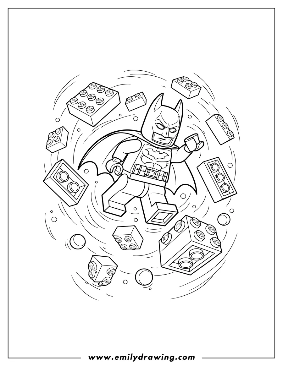 Clean line drawing: lego Batman Movie Scaled, tumbling amidst scattered Lego bricks