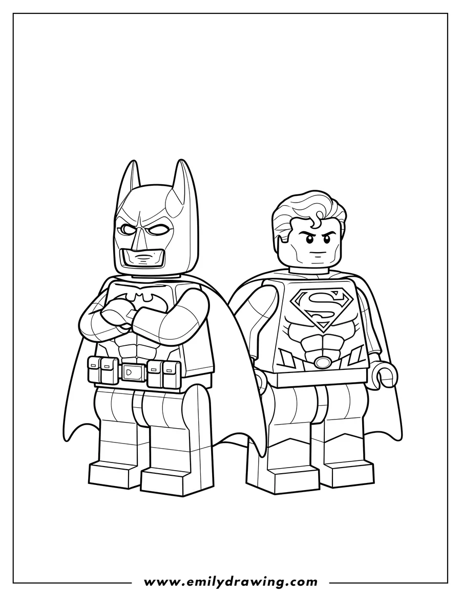 Doodle style coloring picture of lego Batman with crossed arms and Superman standing side-by-side