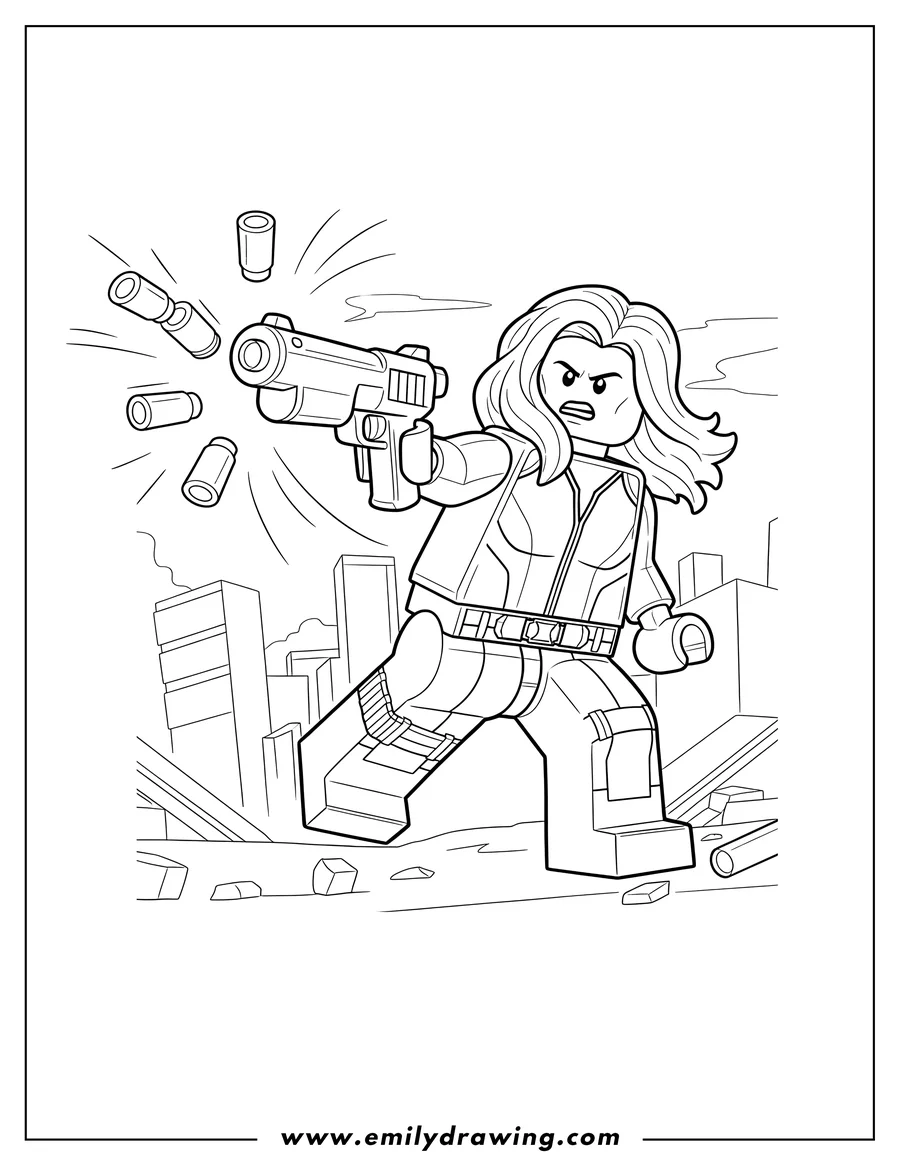 Coloring page of lego Black Widow fiercely shooting a gun, with bullet casings flying