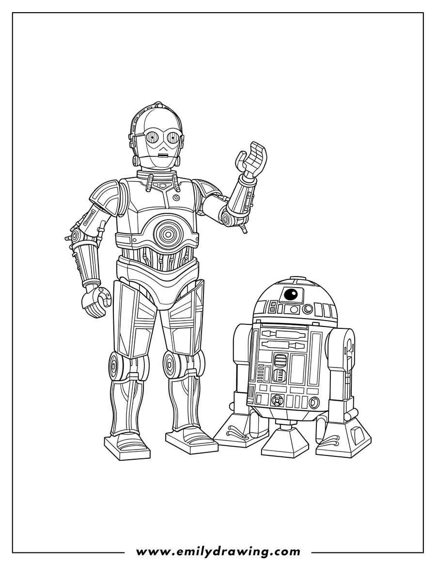 Full page coloring image of lego C 3Po And R2 D2 standing, C-3PO waving