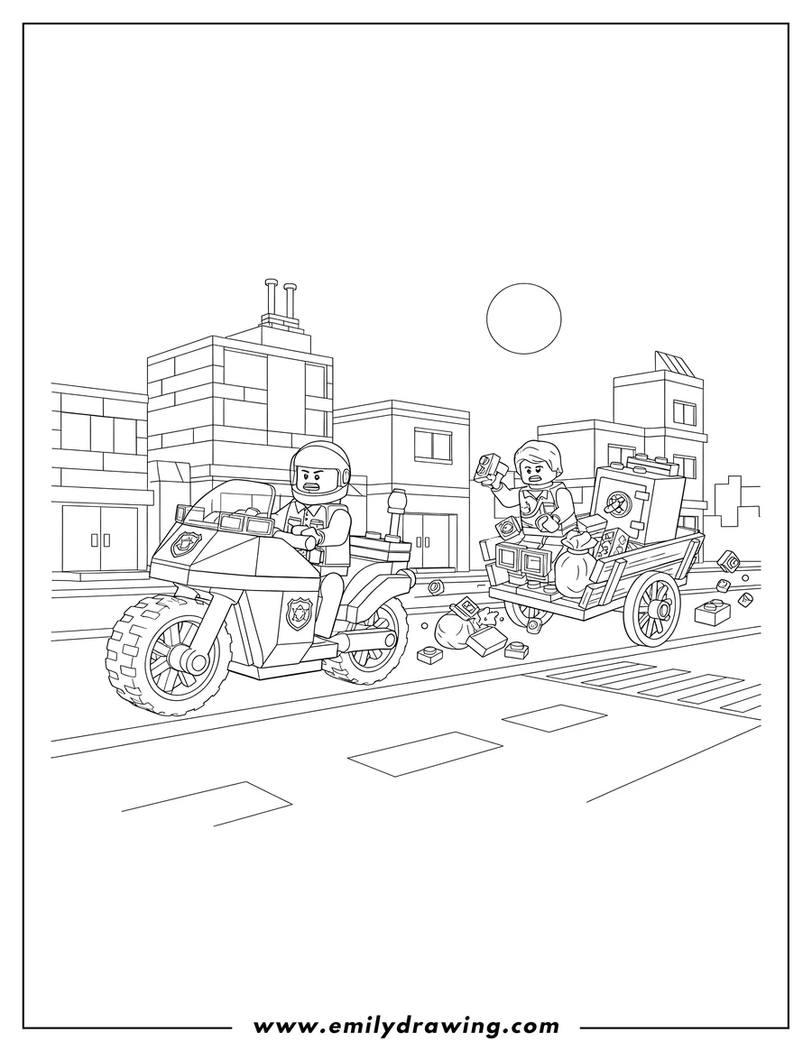 Full page coloring image of lego City Police Station Chase: Police motorcycle pursuing a suspect on a cart