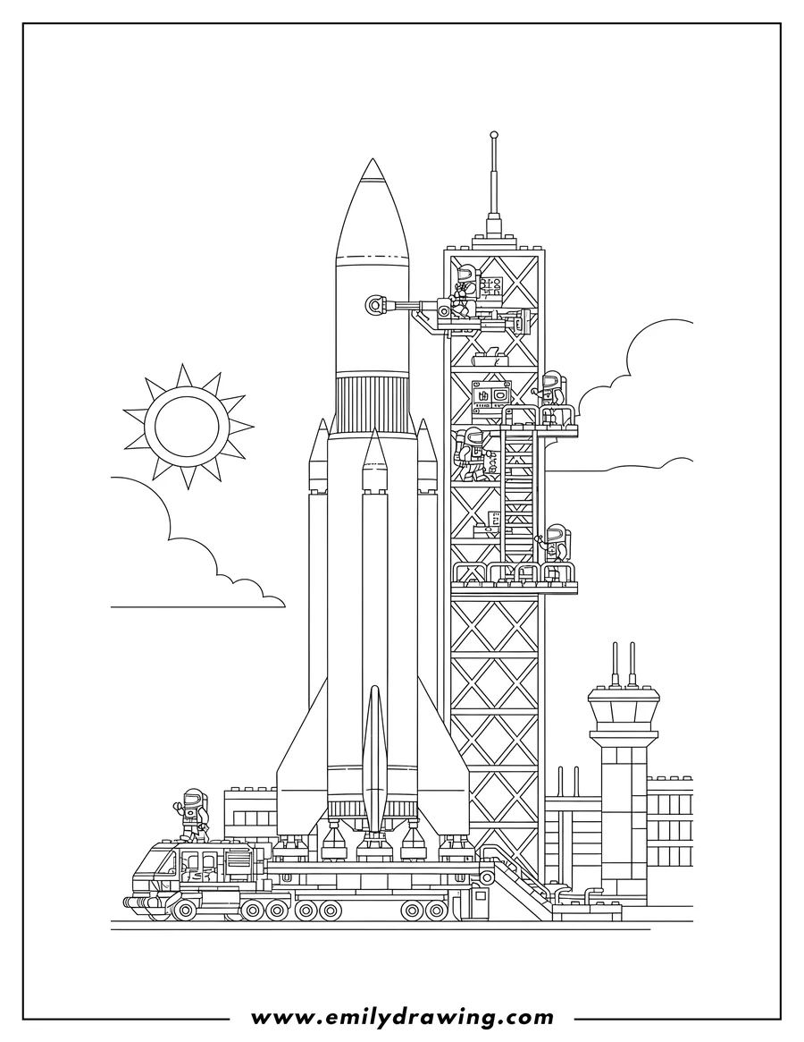 PDF style coloring page: lego City Rocket Launch Center with a large rocket and astronauts on a gantry