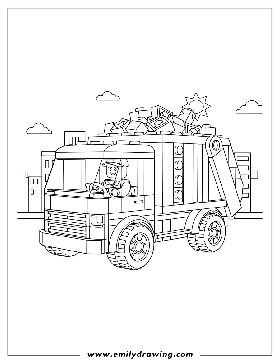 Black and white line art of lego City Trash Truck with a smiling Lego minifigure driver and a load of Lego bricks, coloring page