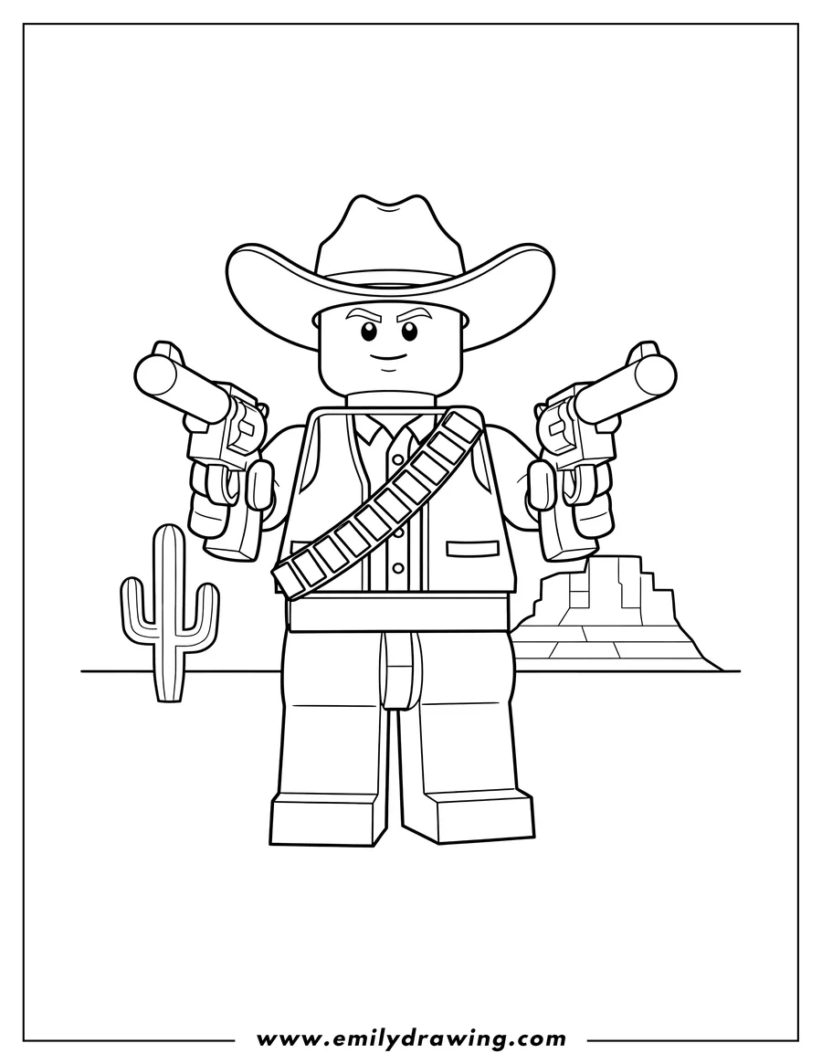 Free printable coloring sheet of lego Cowboy, wearing a hat, holding two revolvers, with a bandolier