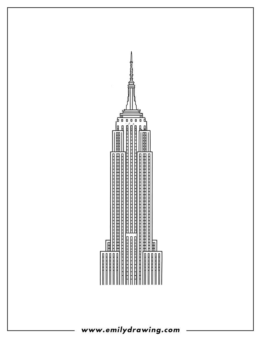 Black and white line art of empire State Building outline for coloring