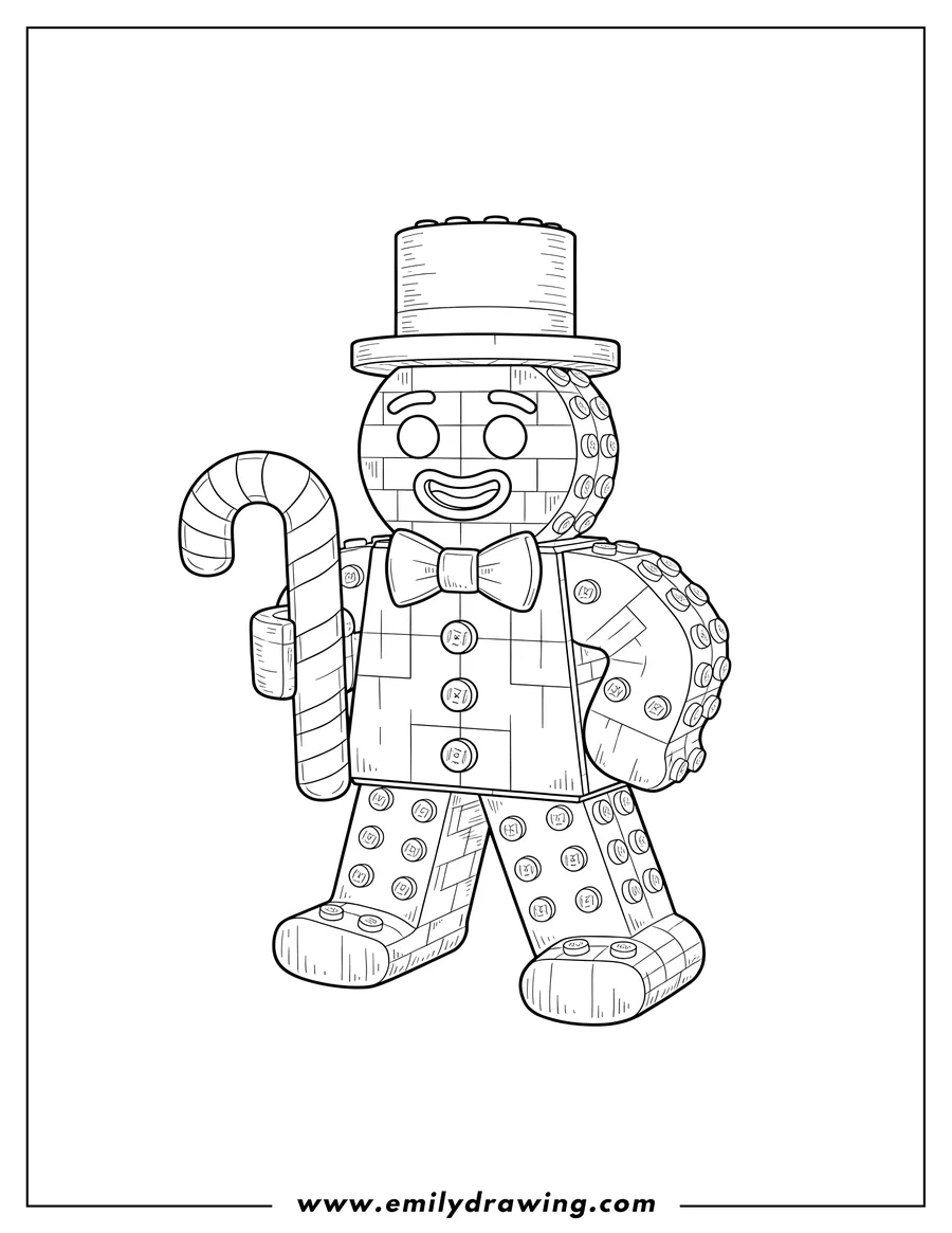 Coloring sheet featuring lego Gingerbread Man Scaled holding a candy cane