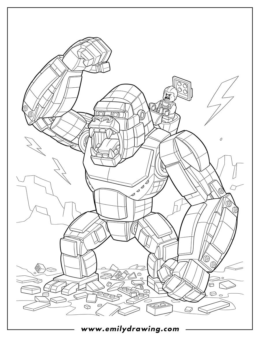 Simple sketch of lego Gorilla Scaled, roaring with an angry minifigure pilot to color