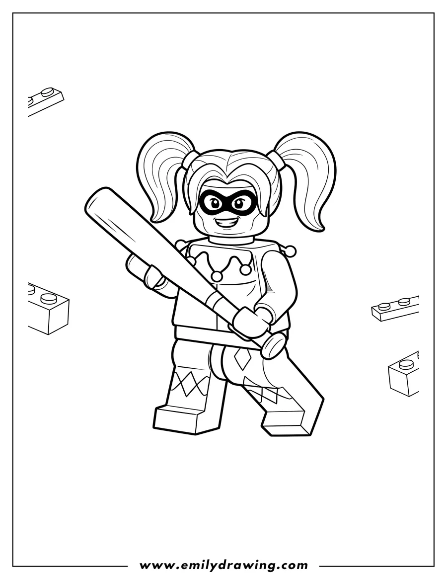 Printable coloring page of lego Harley Quinn holding a bat, with pigtails and a mischievous smile