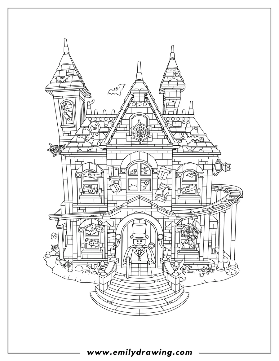 Black and white line art of lego Haunted House Scaled, with a man in a top hat on the steps