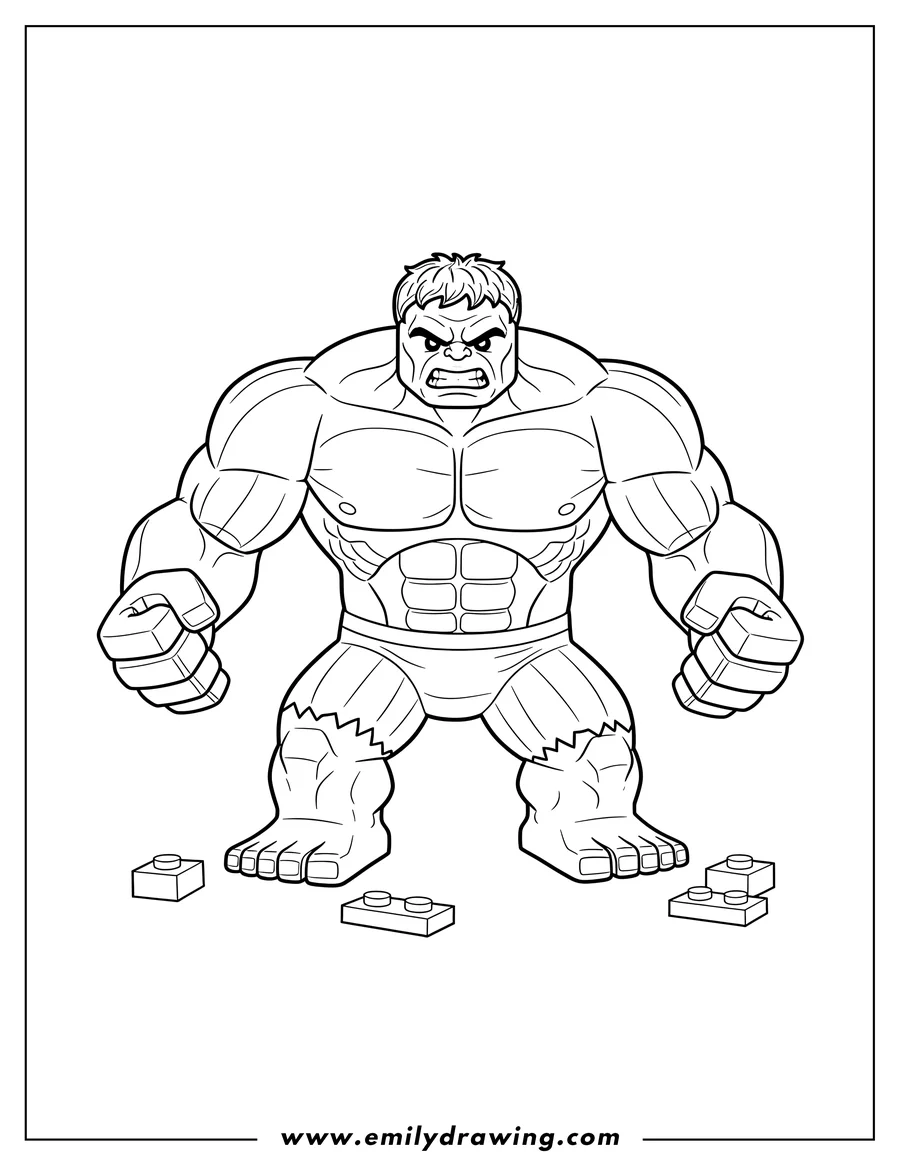 Linear illustration of lego Hulk Outline, angry, flexing muscles