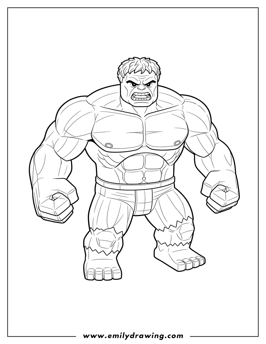 Coloring page for kids: lego Hulk Scaled, standing with an angry expression and muscular torso