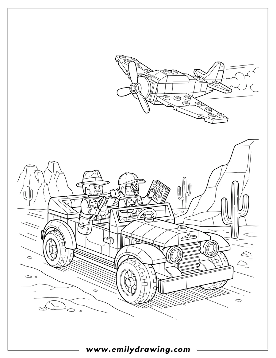 High quality printable lego Indiana Jones and his father in a car, being chased by a fighter plane for coloring