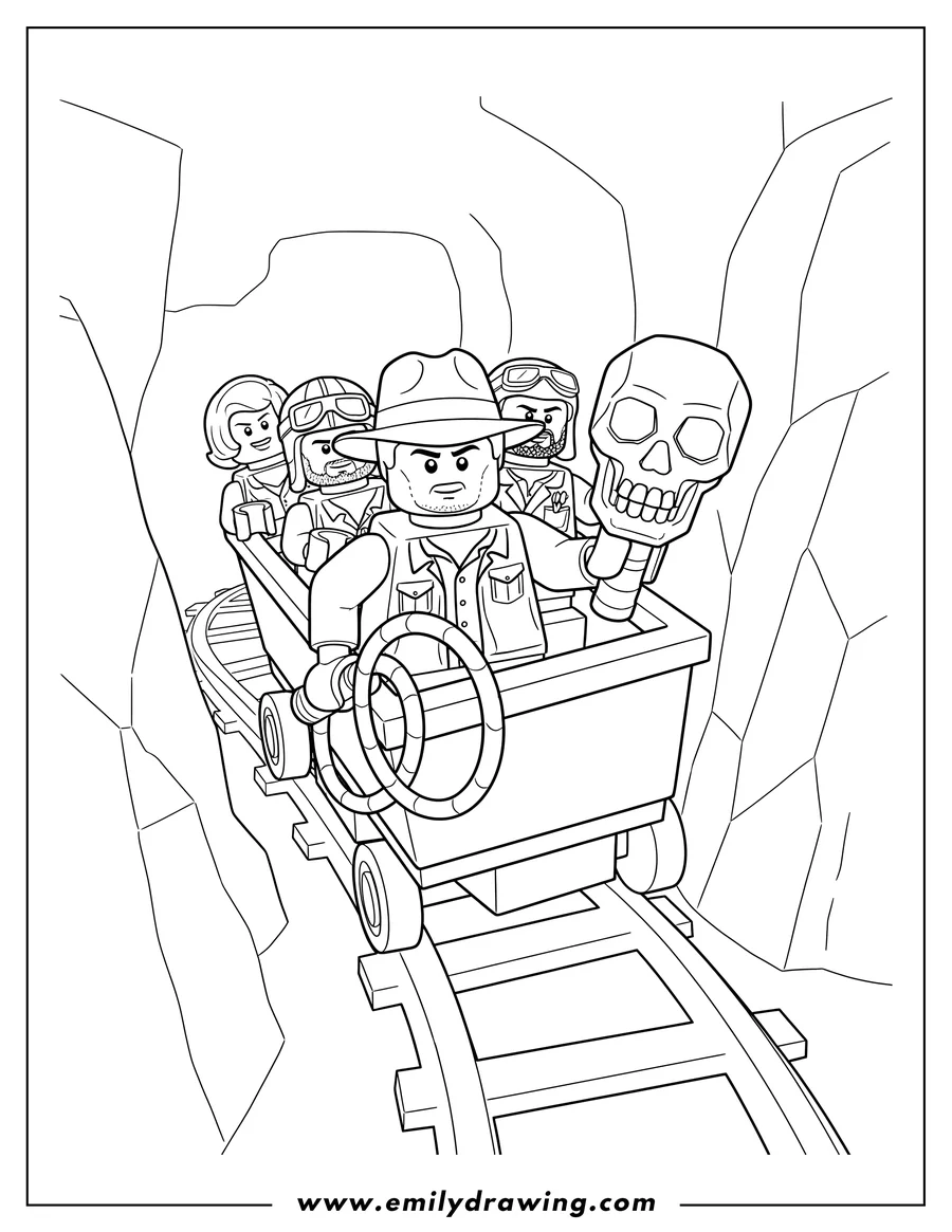 Printable line art of lego Indiana Jones with a whip and crystal skull, leading other characters in a cart