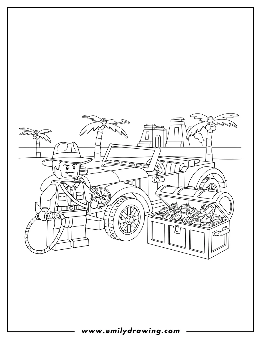 Free printable coloring sheet of lego Indiana Jones with a vintage car and an open treasure chest