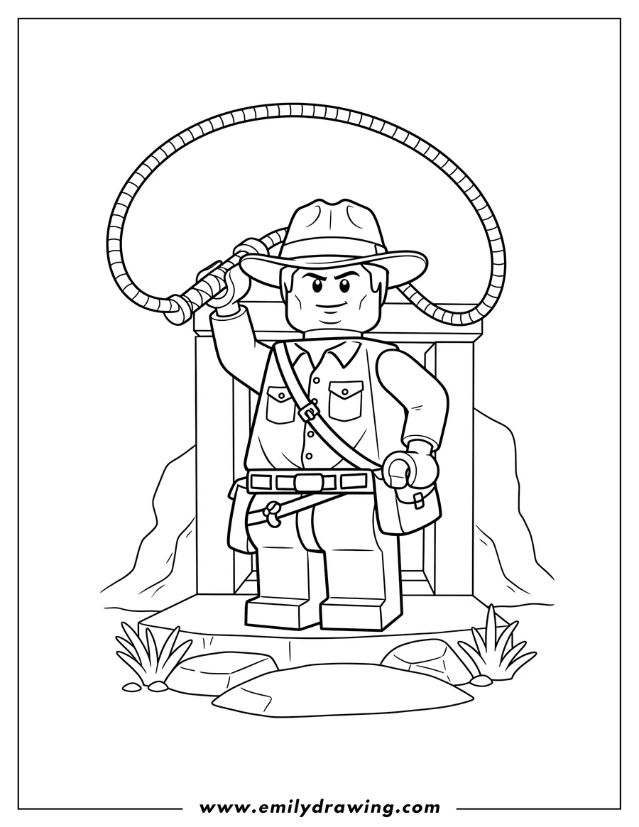 PDF style coloring page: lego Indiana Jones With Bullwhip, whip raised, wearing a fedora and satchel