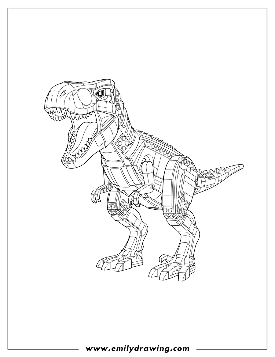 Downloadable coloring page of lego Indominus Rex striding, coloring page